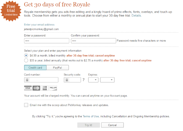 formulaire d'iinscription d'un mois gratuit à PicMonkey Royale