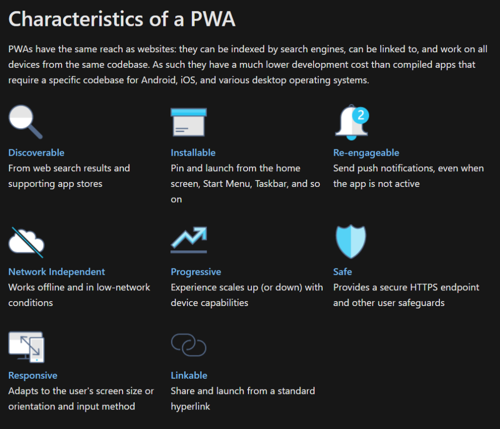 Caractéristiques d'une PWA (anglais 