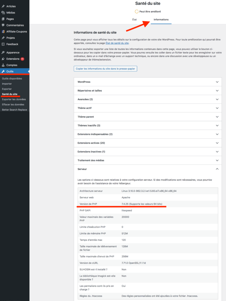 Connaitre version PHP WP amélioration performances