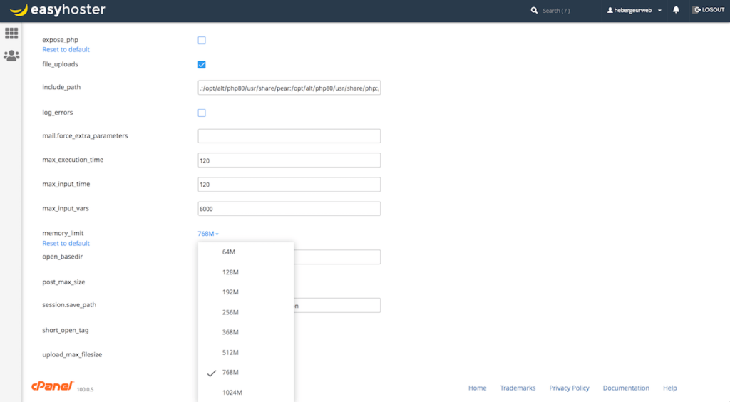 Changer valeur memory limit WordPress PHP cPanel