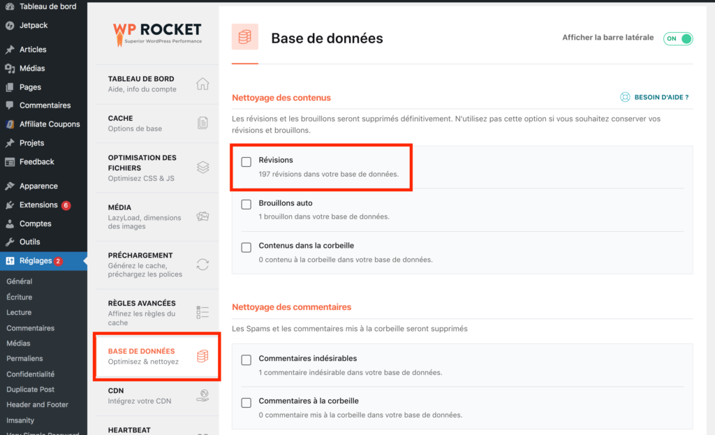 Supprimer révisions WordPress WP Rocket