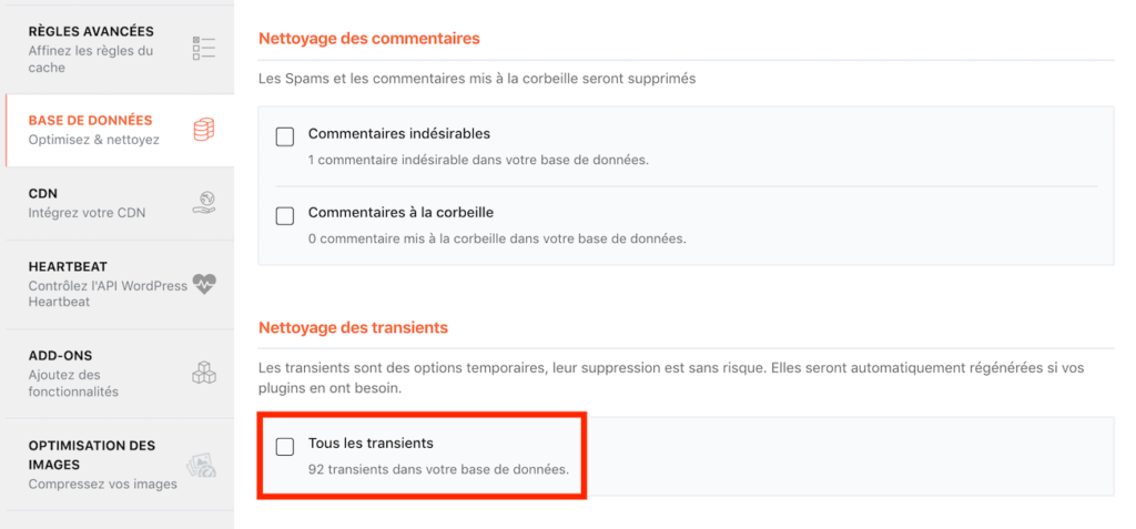 Supprimer transients WordPress WP Rocket