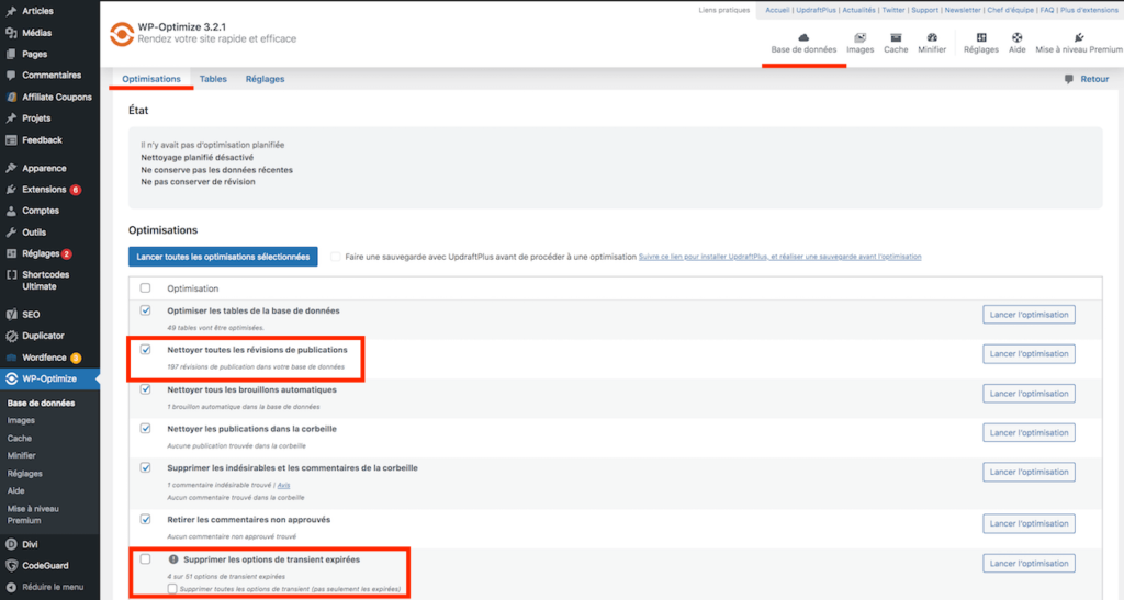 Supprimer revisions transients WordPress WP Optimize