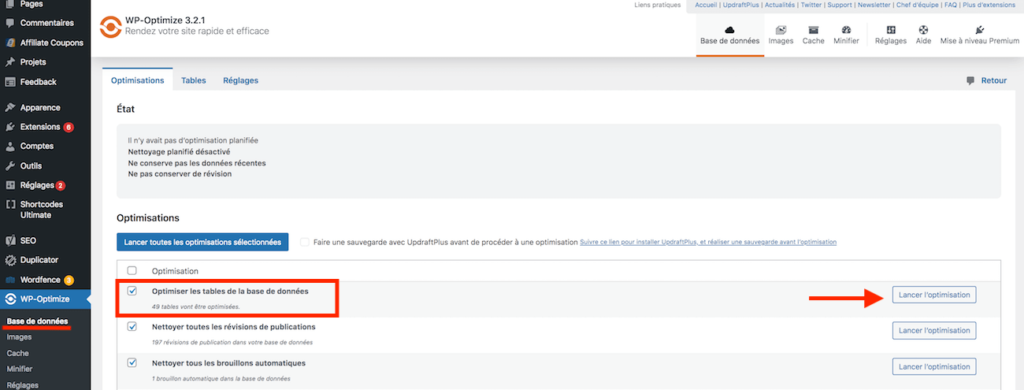 Optimisation tables base de données WP Optimize
